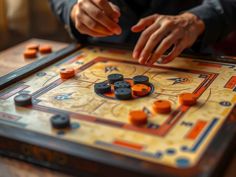 Carrom board with pieces arranged for play