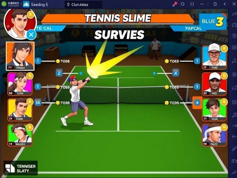 Tennis Clash Champion Battle gameplay screenshot showing character executing a powerful serve