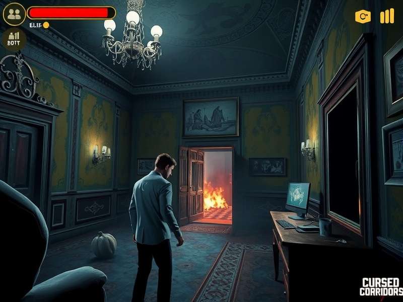 Cursed Corridors story scene showing main character exploring mansion