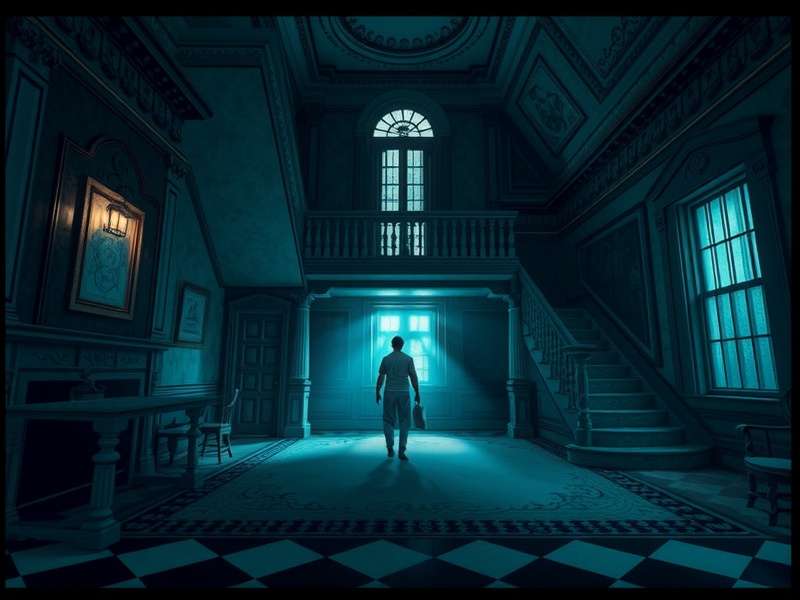 Cursed Corridors gameplay screenshot showing haunted mansion interior