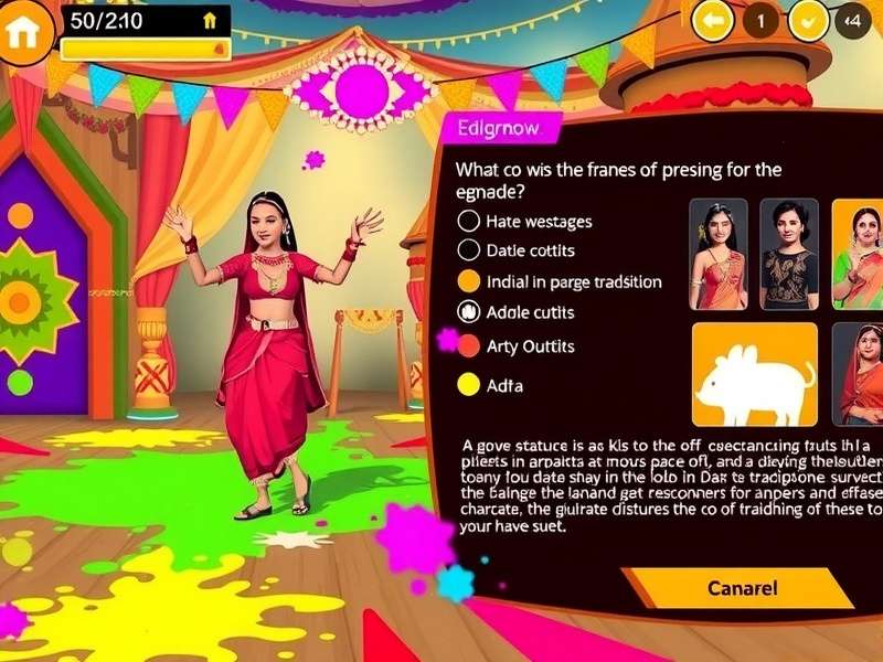 Holi Dance Frenzy gameplay screenshot showing colorful festival environment