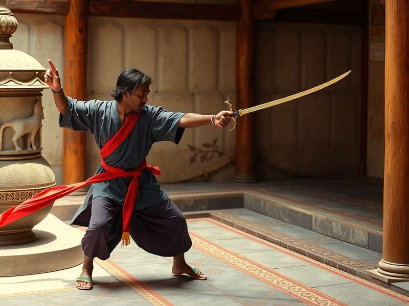 Traditional Saffron Swordsmanship practitioner demonstrating stance