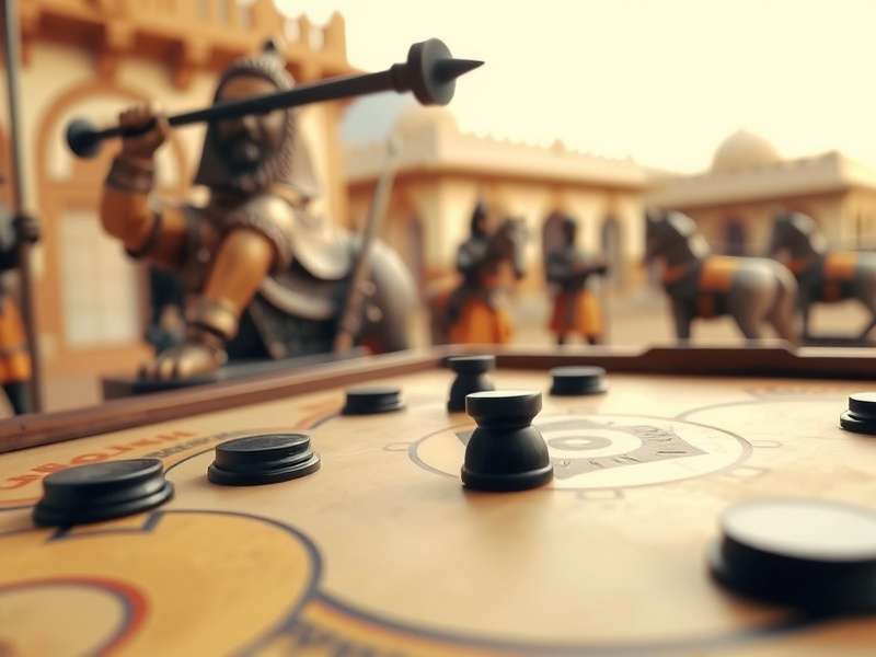 Close-up of carrom pieces and striker on board