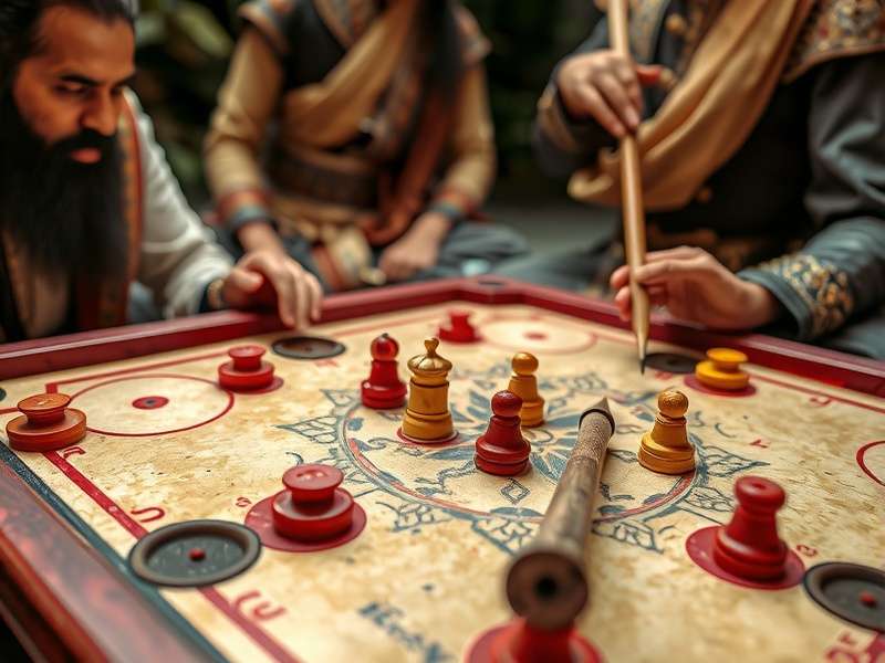 Historical depiction of carrom being played in traditional setting