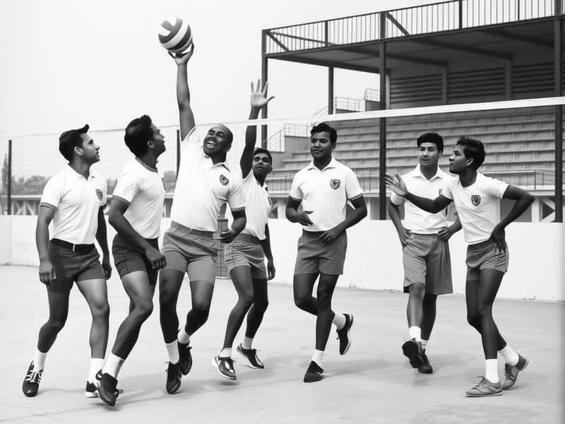 Historical image of early Indian volleyball players
