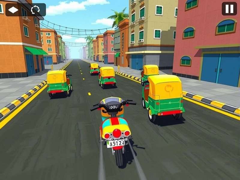 Rickshaw Race Extreme gameplay screenshot showing colorful rickshaws racing through Indian streets