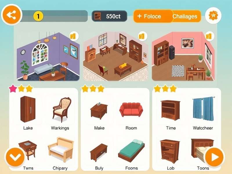 Furniture Frenzy game interface showing room design