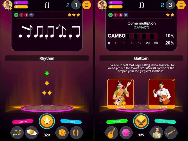 Sangeet Sprint Showdown scoring interface showing combo multipliers and accuracy percentages