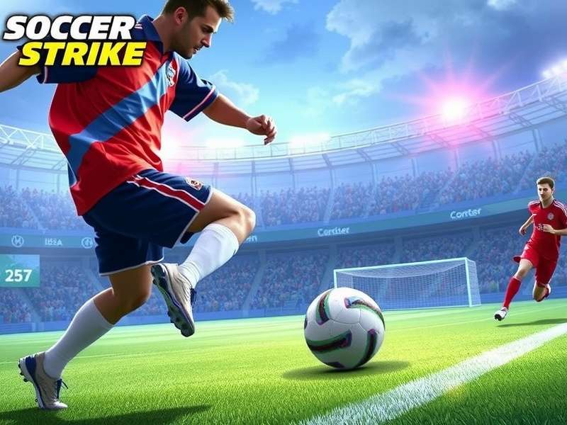 Dynamic action scene from Soccer Strike showing a player taking a powerful free-kick