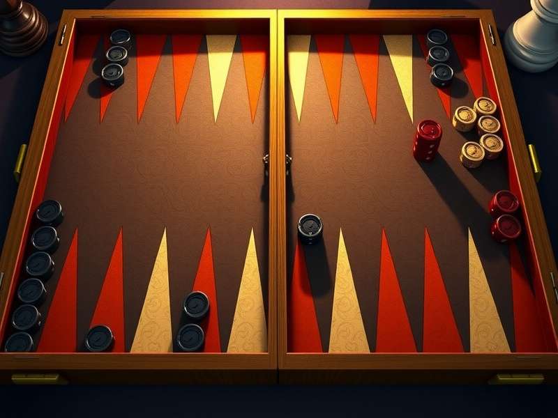 Backgammon board with pieces arranged in a competitive position, warm lighting, desi aesthetic